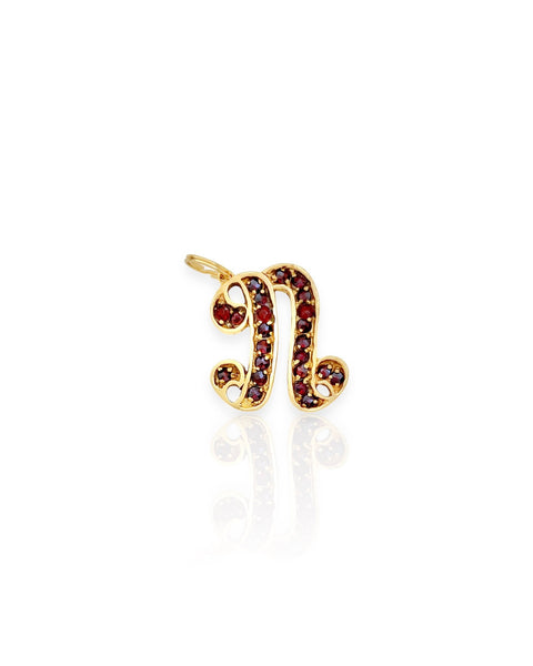 14k Gold Garnet Letter N Charm