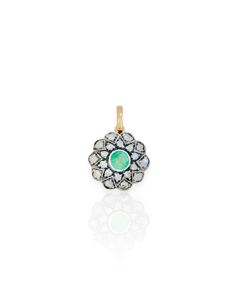 18k Gold Emerald and Diamond Flower Charm