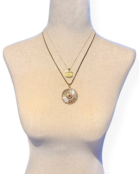 14k Gold Engine Turned Gemstone Circle Charm