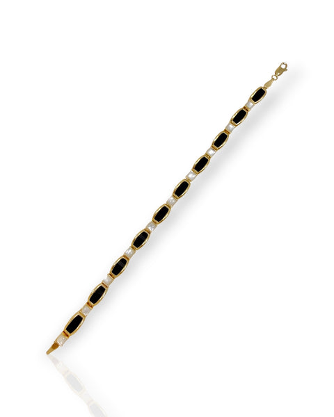 14k Gold Onyx and Mother of Pearl Bracelet (7.375