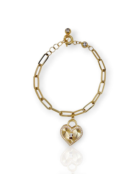14k Gold Heart Lock Paper Clip Bracelet (6.75