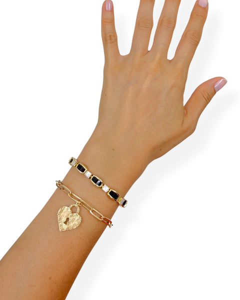 14k Gold Heart Lock Paper Clip Bracelet (6.75" — 7.625")