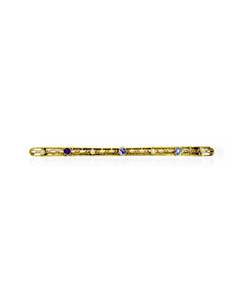 14k Gold Sapphire and Pearl Filigree Brooch