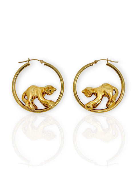 14k Gold Playing Cat Hoop Earrings