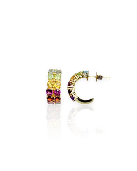 14k Gold Rainbow Gemstone Hoop Earrings