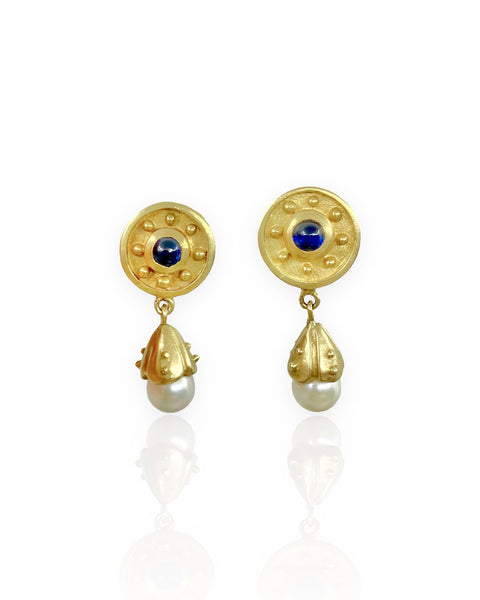 14k Gold Shield and Pearl Dangling Earrings