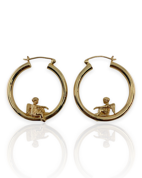 14k Gold Cherub Hoop Earrings