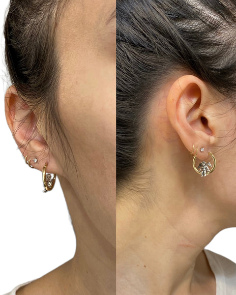 14k Gold and Sterling Silver Cherub Hoop Earrings